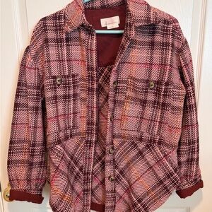 Anthropologie Hudson Plaid Shirt Jacket, Pink with Maroon Accents